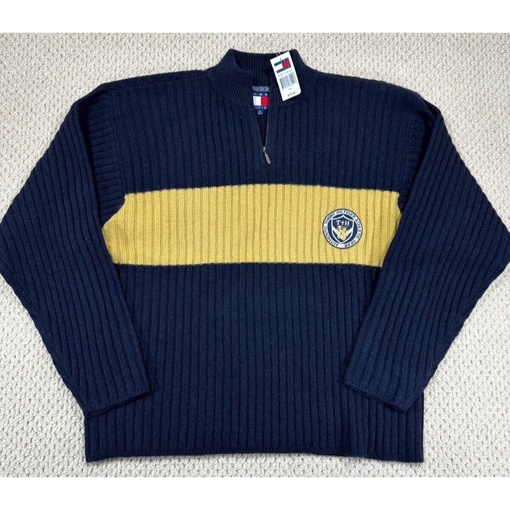 Vtg Tommy Hilfiger Sweater Men XL Navy Gold Color Block Wool Crest Logo Pullover